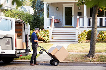 a courier is standing in front of a car with parcels in a trolley with the intention of delivery