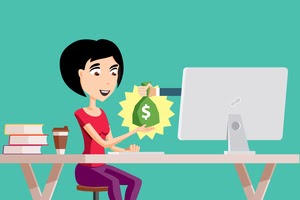 drawing of a satisfied woman sitting at a desk in front of a computer receiving a bag of money from the hand coming out of the monitor